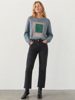 Zara Colorblock Knit Sweater Minimalist Scandi Heathered Green Gray Size M